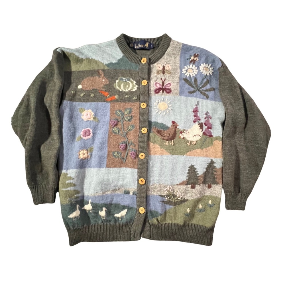 Tulchan Cardigan Women L Green Wool Knit Sweater Storybook Whimsical Rabbit Farm